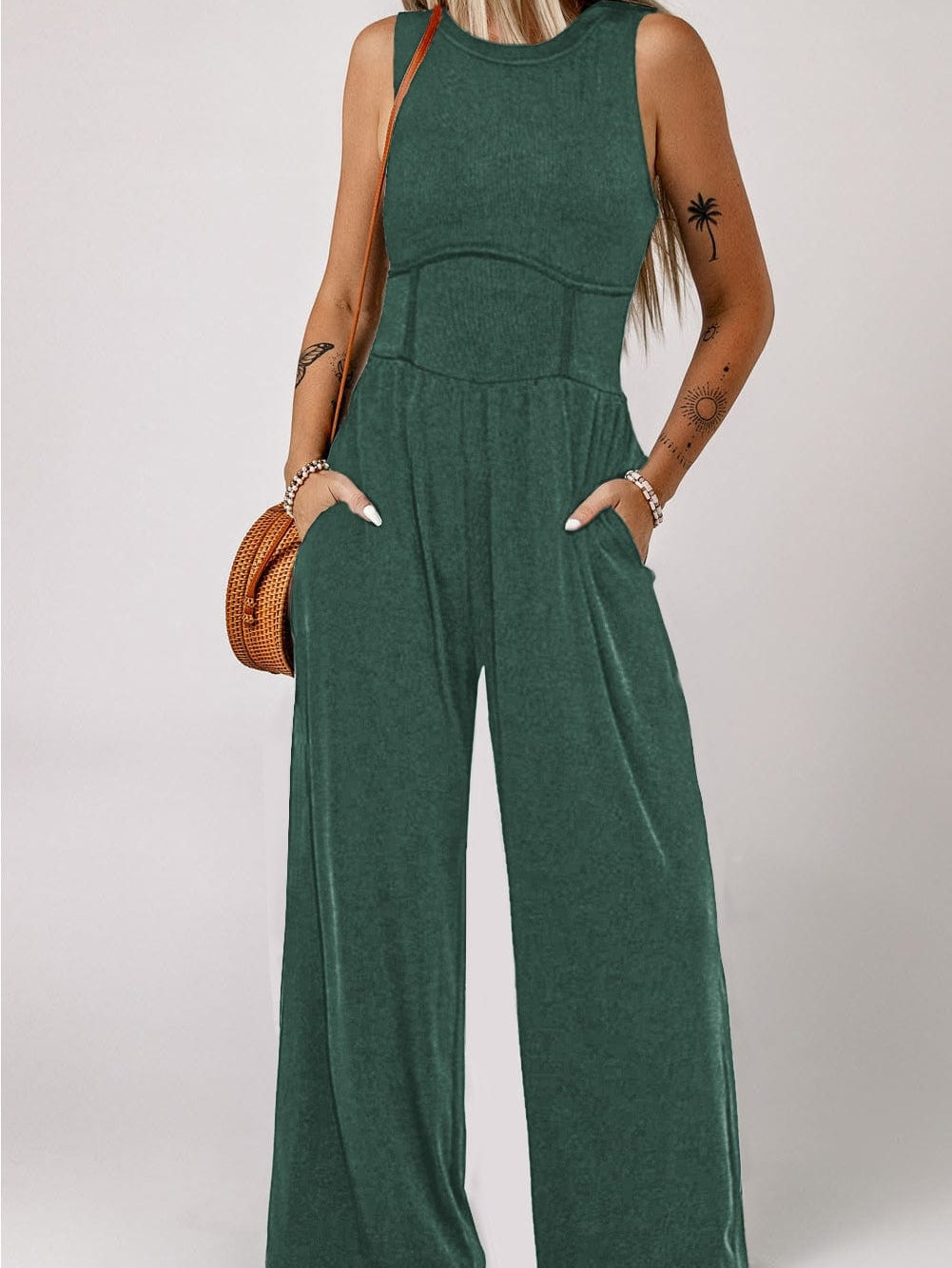 Green A-Line Cinched Waist Sleeveless Jumpsuit with Wide Leg