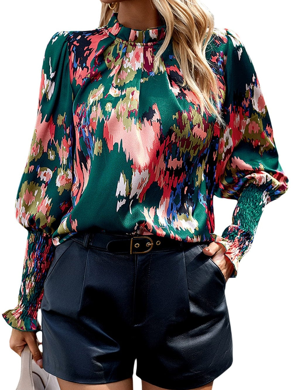 Green Abstract Print Ruched Detail Blouse with Smocked Cuffs and Frilled Neck