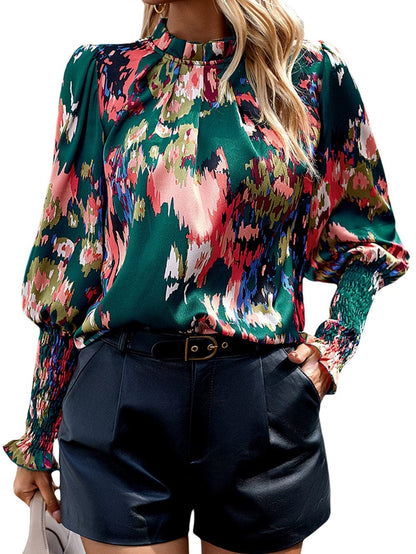Green Abstract Print Ruched Detail Blouse with Smocked Cuffs and Frilled Neck