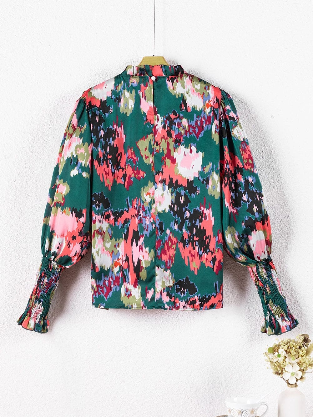 Green Abstract Print Ruched Detail Blouse with Smocked Cuffs and Frilled Neck