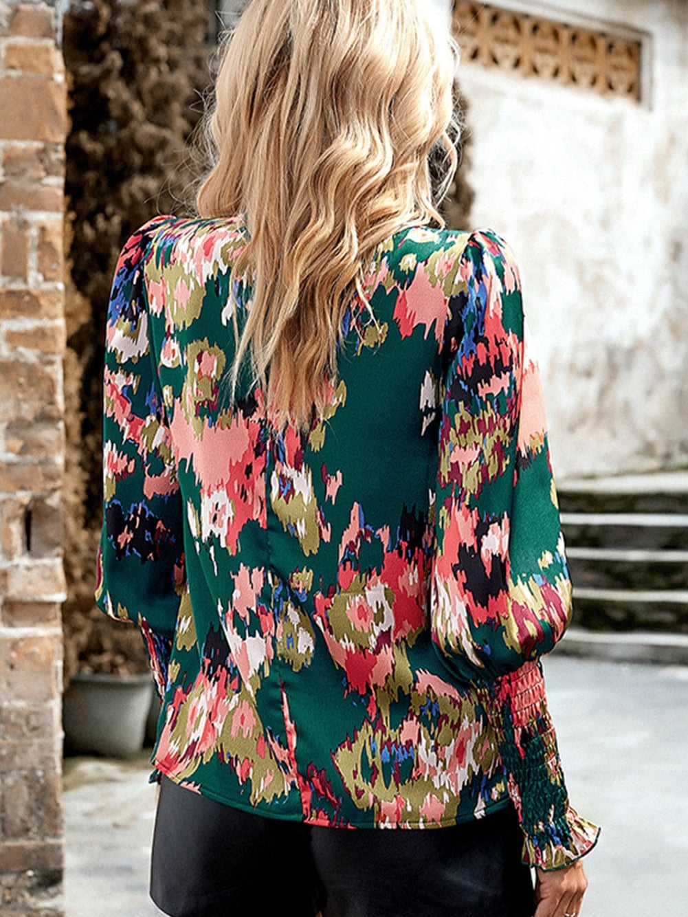 Green Abstract Print Ruched Detail Blouse with Smocked Cuffs and Frilled Neck