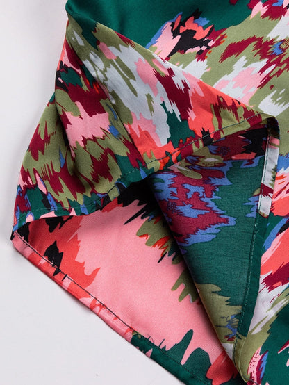 Green Abstract Print Ruched Detail Blouse with Smocked Cuffs and Frilled Neck