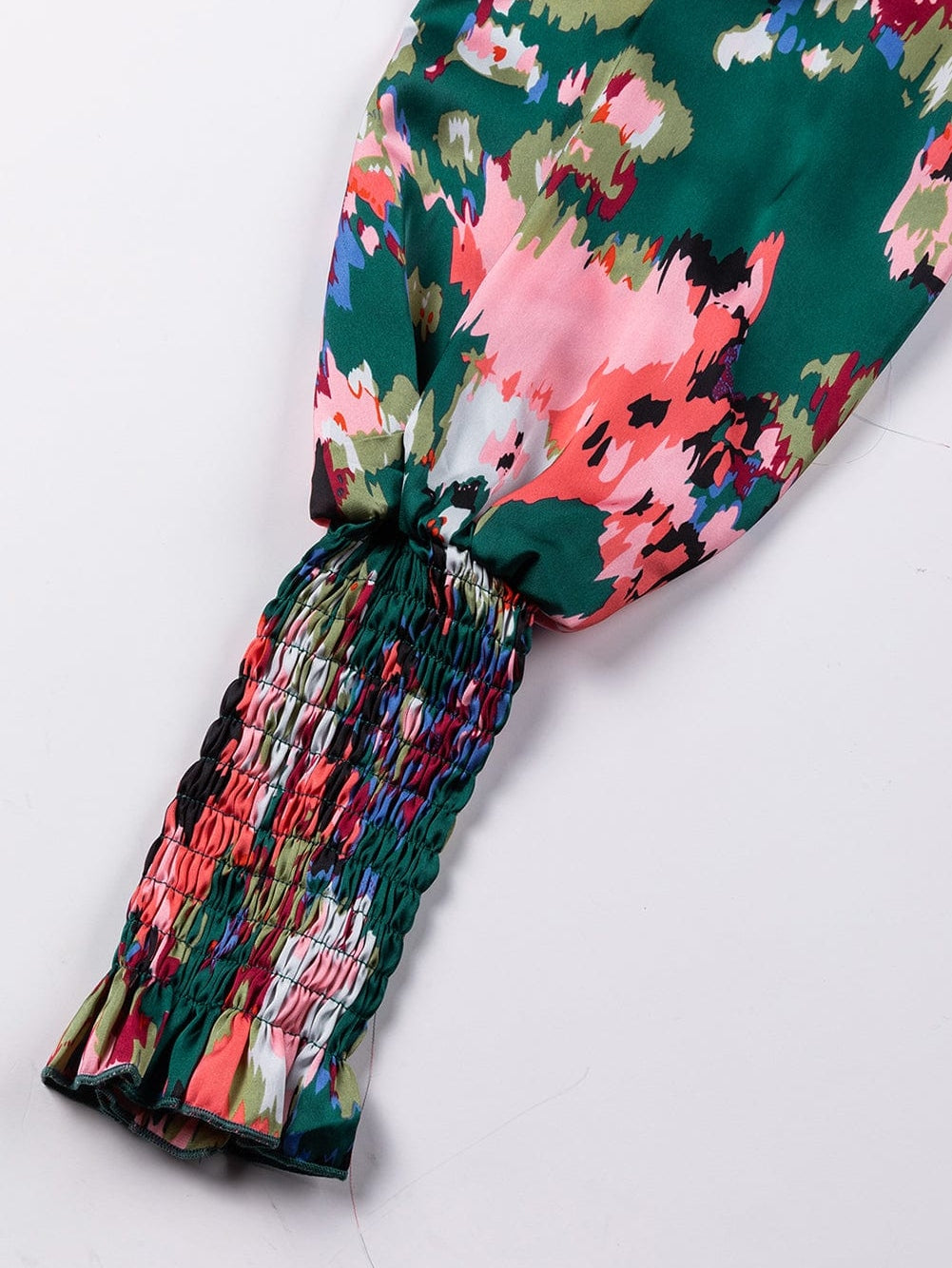 Green Abstract Print Ruched Detail Blouse with Smocked Cuffs and Frilled Neck