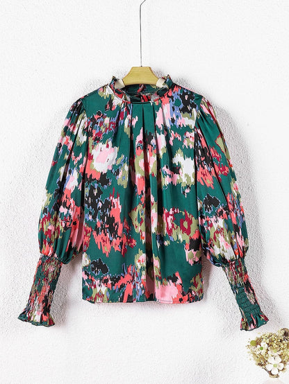 Green Abstract Print Ruched Detail Blouse with Smocked Cuffs and Frilled Neck