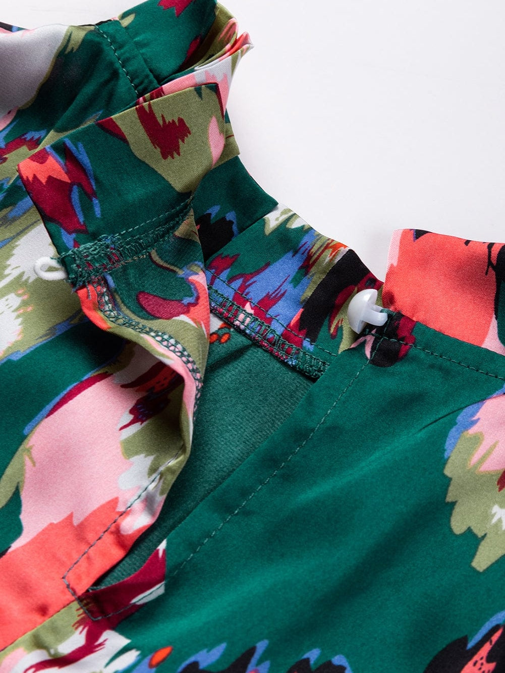 Green Abstract Print Ruched Detail Blouse with Smocked Cuffs and Frilled Neck