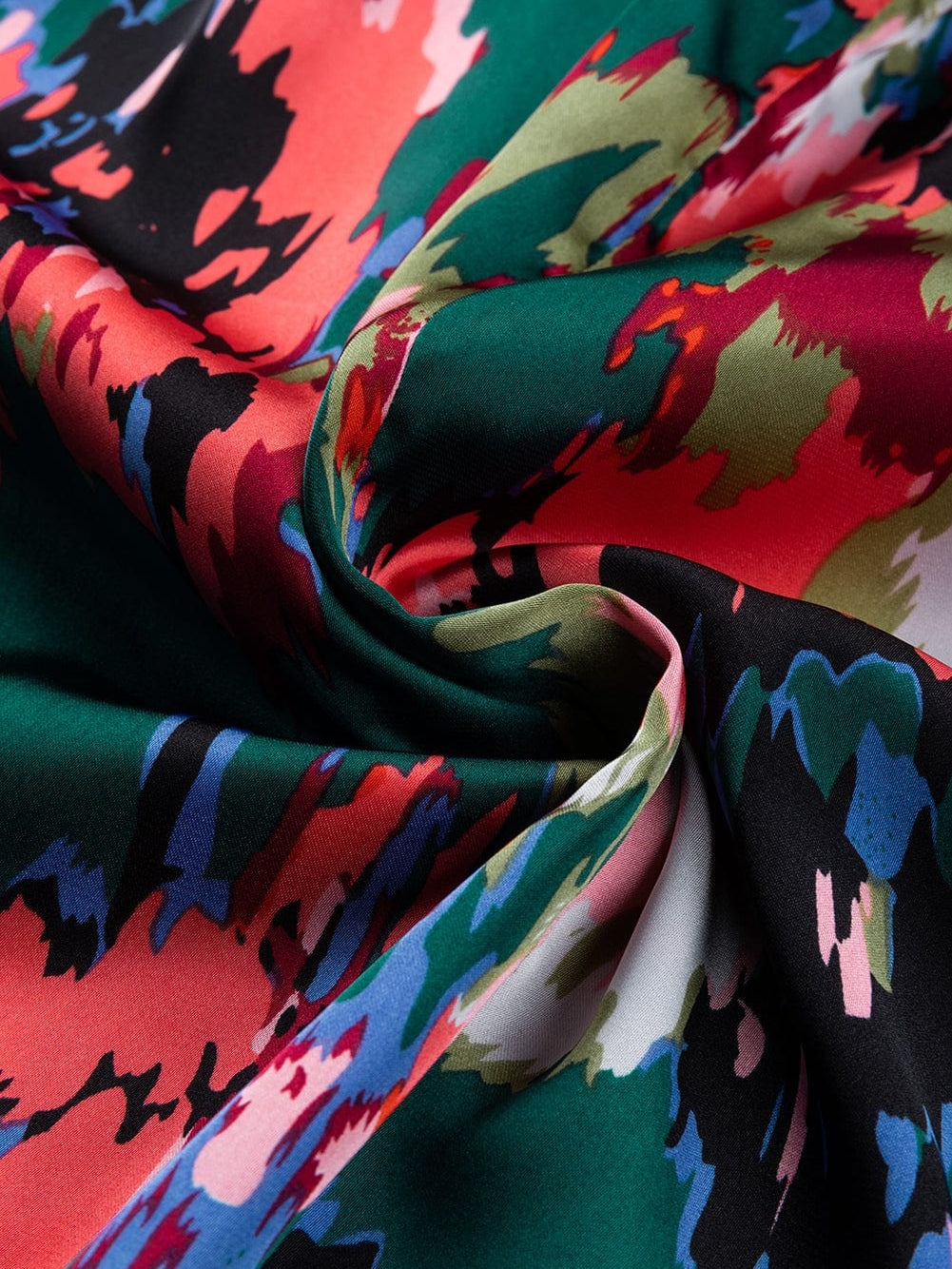 Green Abstract Print Ruched Detail Blouse with Smocked Cuffs and Frilled Neck