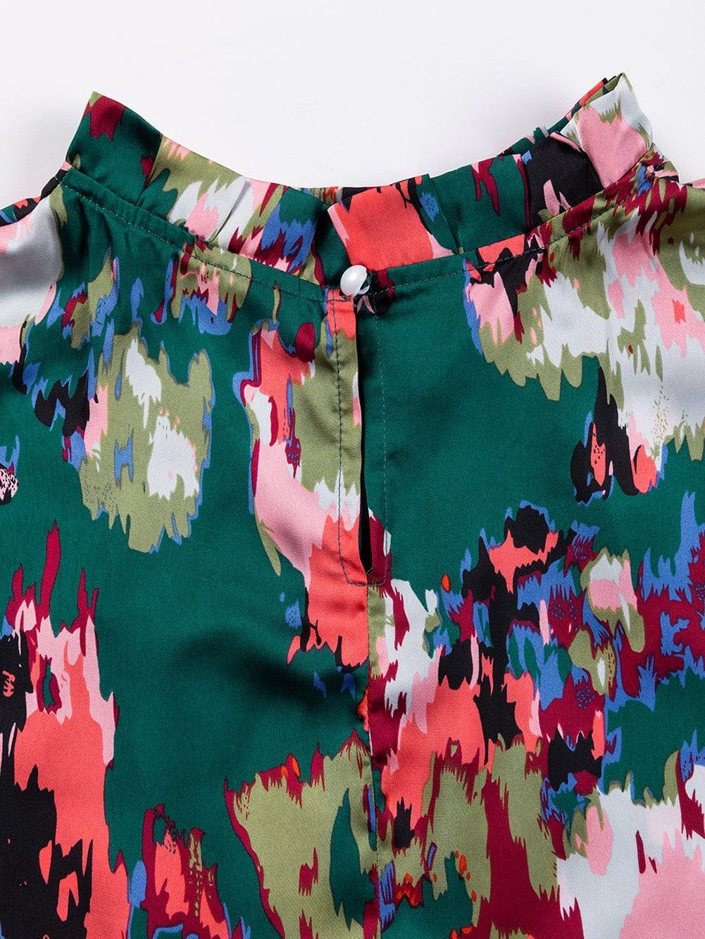 Green Abstract Print Ruched Detail Blouse with Smocked Cuffs and Frilled Neck