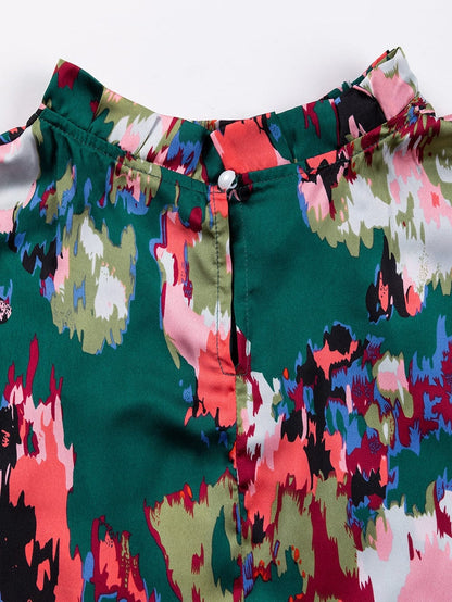 Green Abstract Print Ruched Detail Blouse with Smocked Cuffs and Frilled Neck