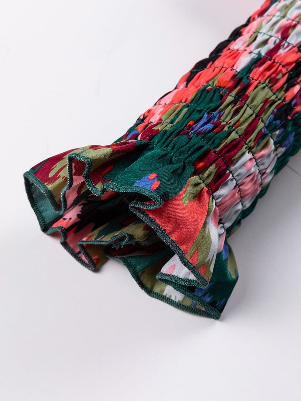 Green Abstract Print Ruched Detail Blouse with Smocked Cuffs and Frilled Neck