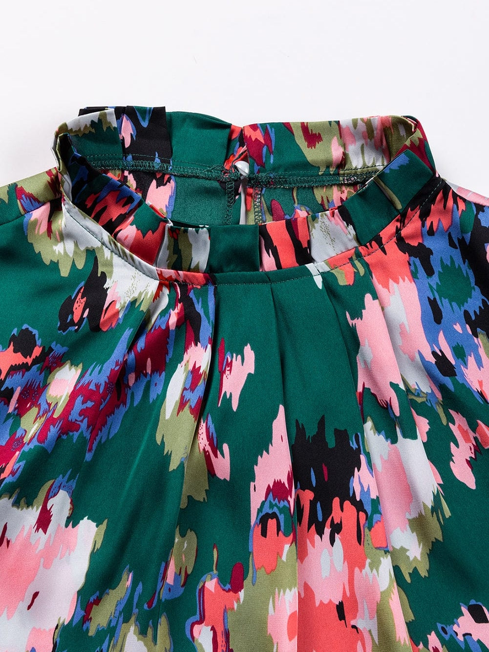 Green Abstract Print Ruched Detail Blouse with Smocked Cuffs and Frilled Neck