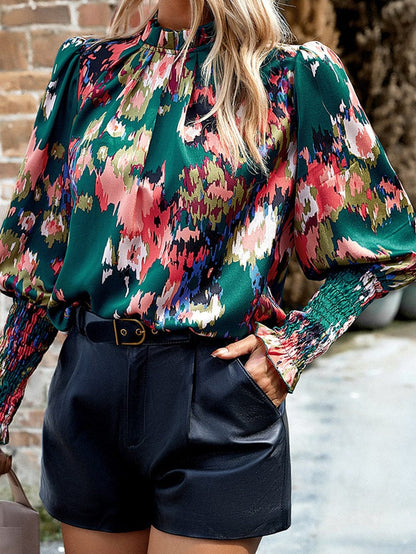 Green Abstract Print Ruched Detail Blouse with Smocked Cuffs and Frilled Neck
