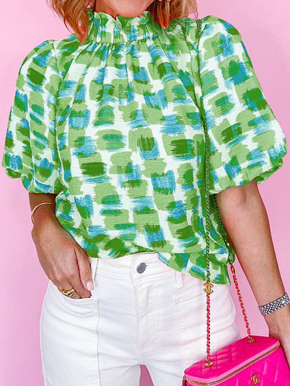 Green Abstract Print Ruffle High Neck Blouse with Button Back