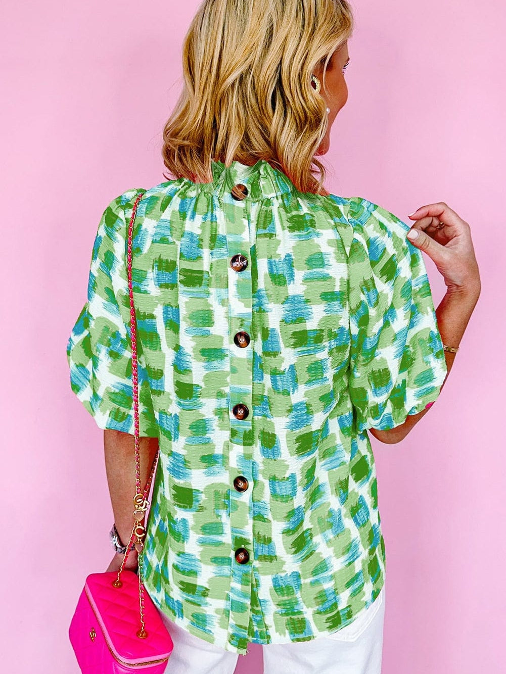 Green Abstract Print Ruffle High Neck Blouse with Button Back