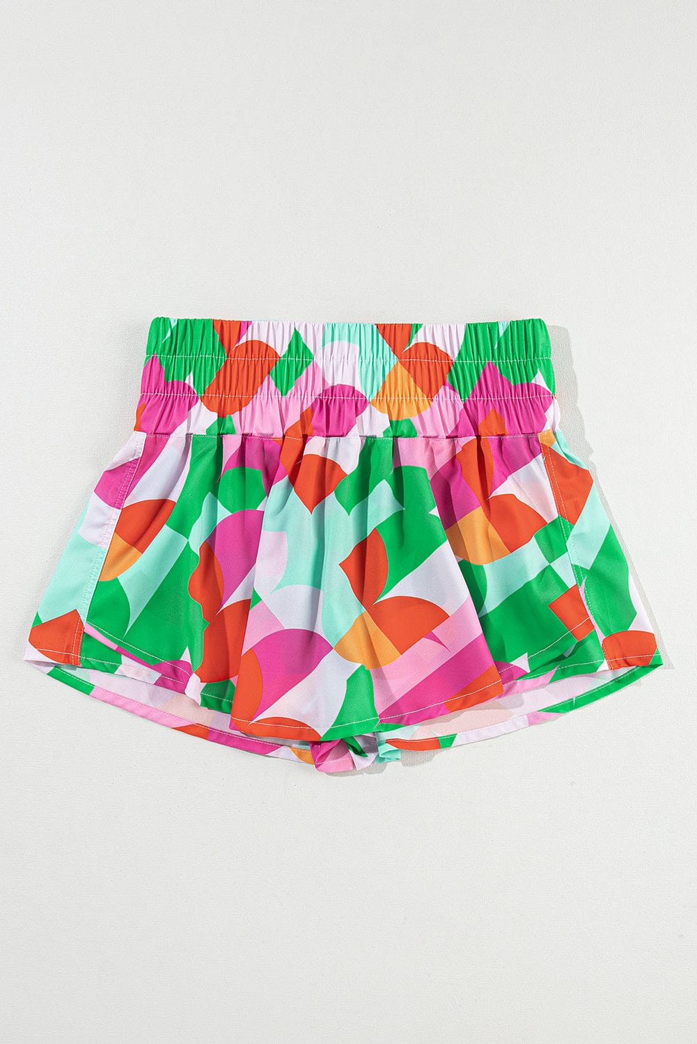 Green Abstract Print Smocked Waist Loose Fit Shorts