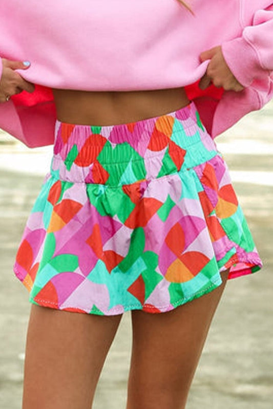 Green Abstract Print Smocked Waist Loose Fit Shorts