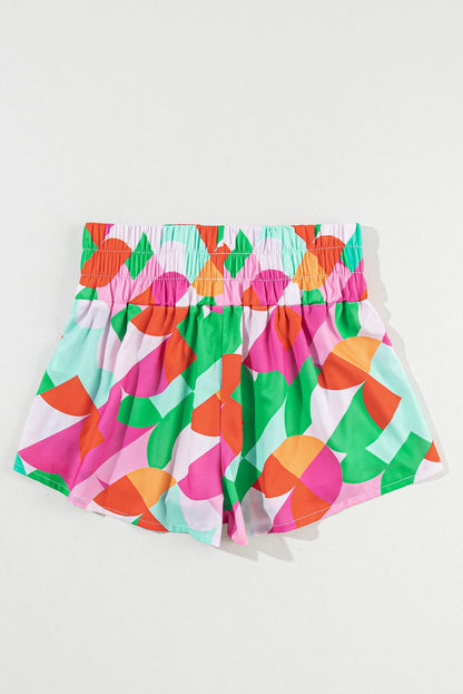 Green Abstract Print Smocked Waist Loose Fit Shorts
