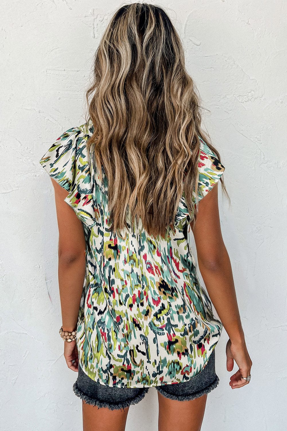 Green Abstract Ruffle Sleeve V-Neck Satin Blouse