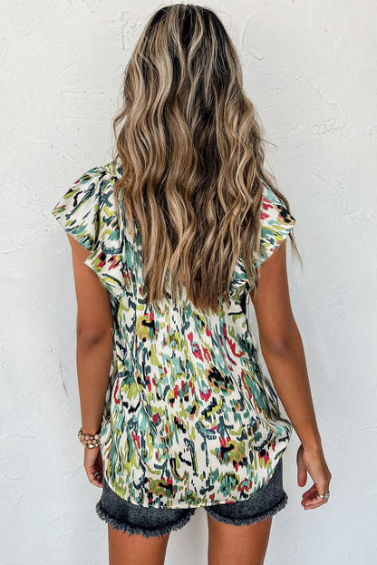 Green Abstract Ruffle Sleeve V-Neck Satin Blouse