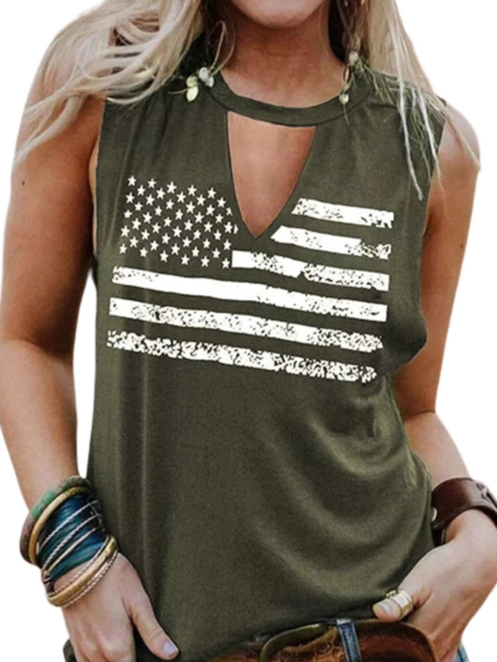 Green American Flag Cutout Tank Top with Keyhole Neckline