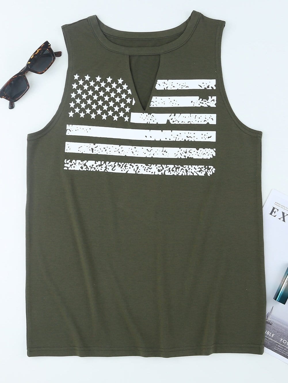 Green American Flag Cutout Tank Top with Keyhole Neckline