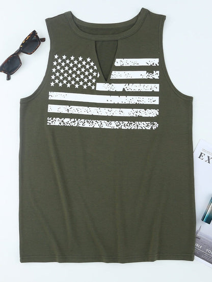 Green American Flag Cutout Tank Top with Keyhole Neckline