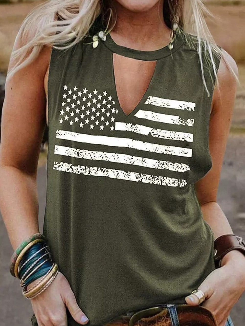 Green American Flag Cutout Tank Top with Keyhole Neckline