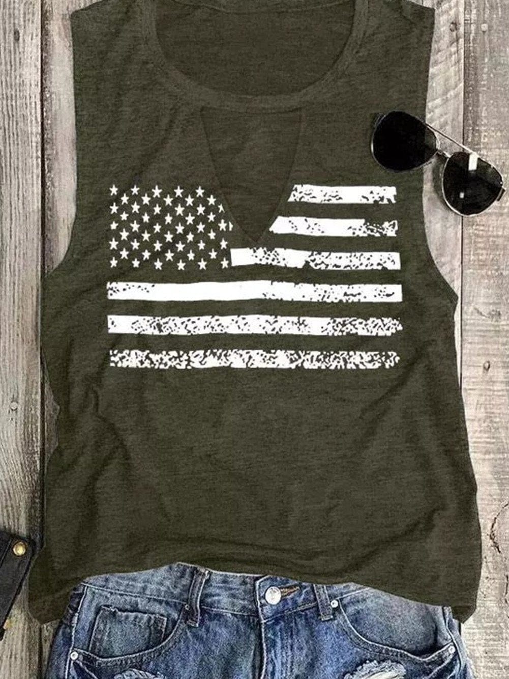 Green American Flag Cutout Tank Top with Keyhole Neckline