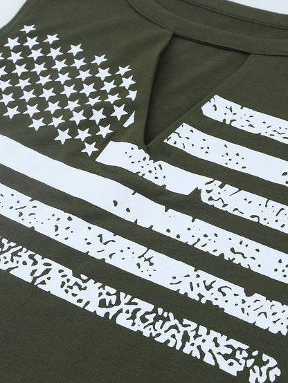 Green American Flag Cutout Tank Top with Keyhole Neckline