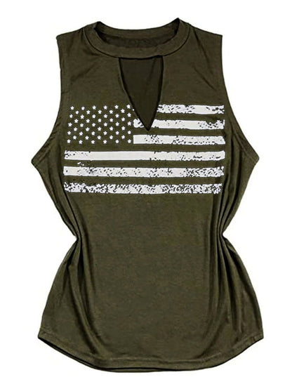 Green American Flag Cutout Tank Top with Keyhole Neckline