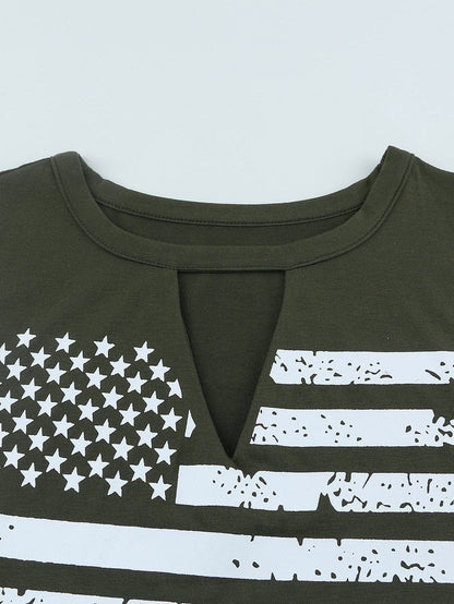 Green American Flag Cutout Tank Top with Keyhole Neckline