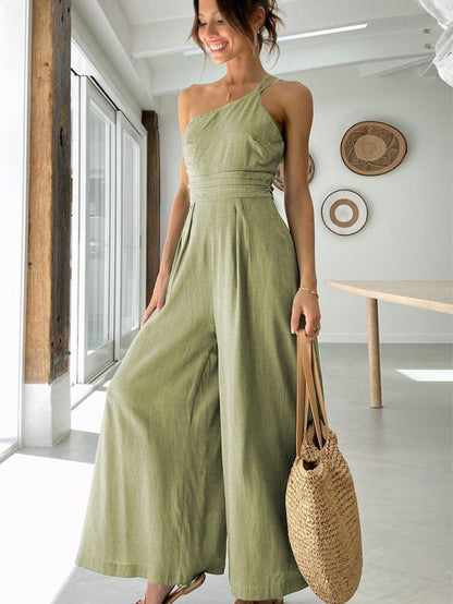 Green Asymmetric One-Shoulder Wide Leg Jumpsuit with Thin Straps