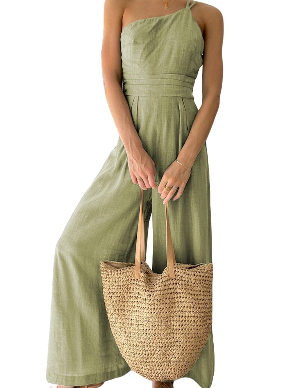 Green Asymmetric One-Shoulder Wide Leg Jumpsuit with Thin Straps
