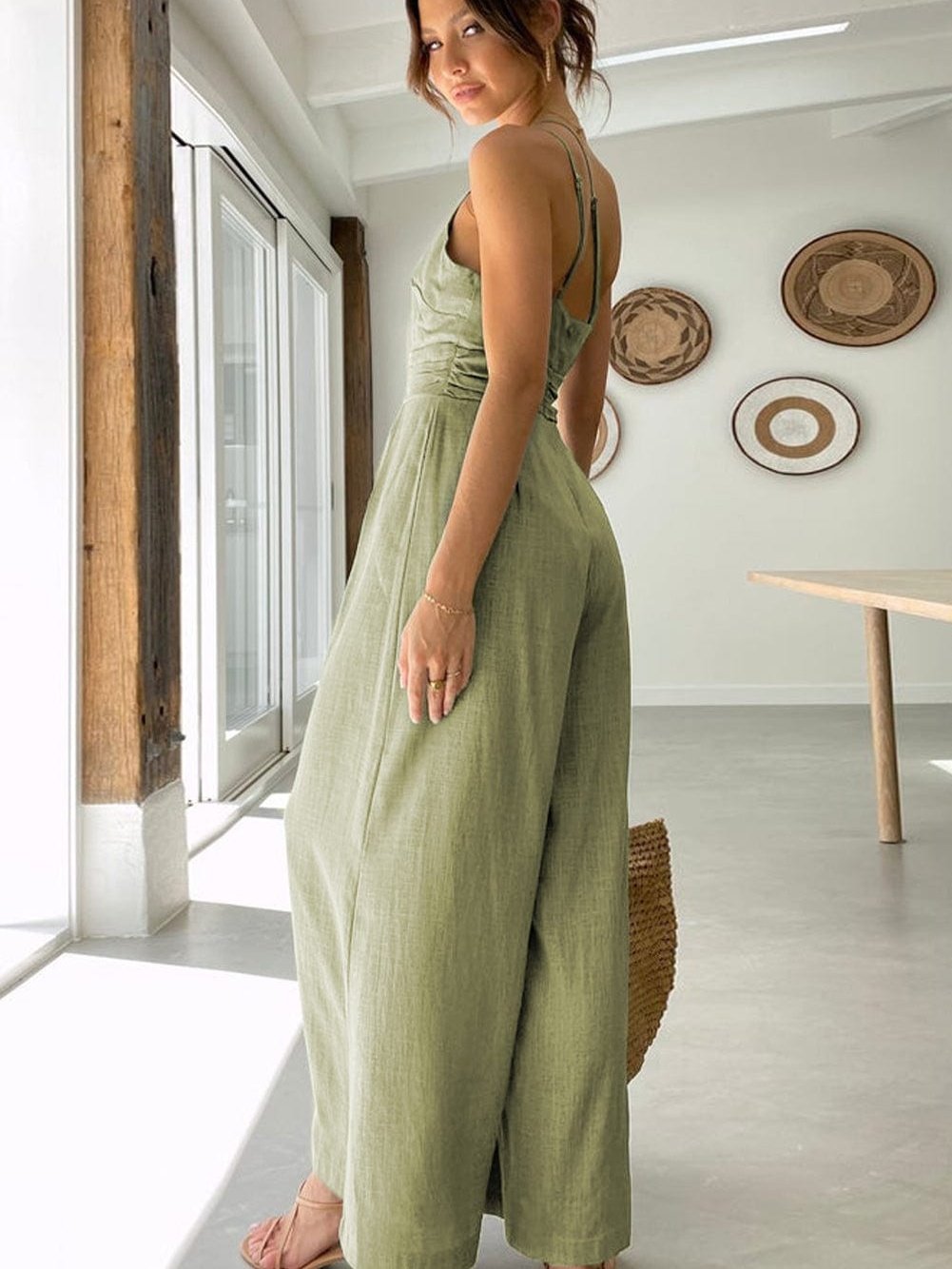 Green Asymmetric One-Shoulder Wide Leg Jumpsuit with Thin Straps
