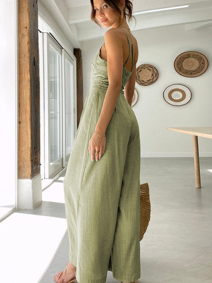 Green Asymmetric One-Shoulder Wide Leg Jumpsuit with Thin Straps