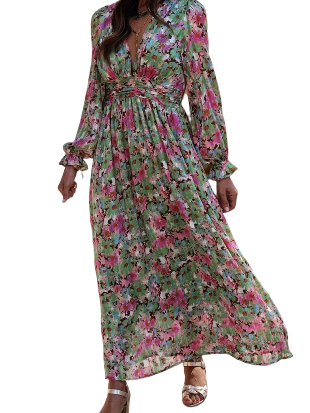 Green Blossom Beauty V Neck Ruched Maxi Dress with Cinched Waist