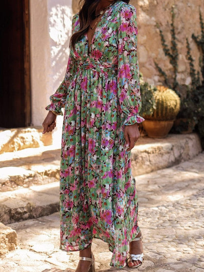 Green Blossom Beauty V Neck Ruched Maxi Dress with Cinched Waist