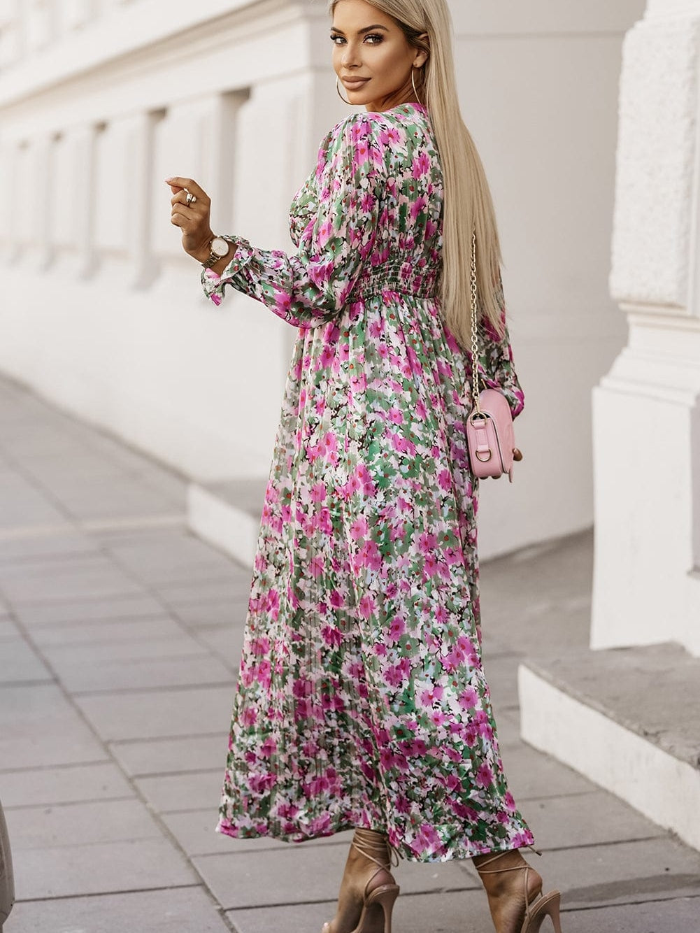 Green Blossom Beauty V Neck Ruched Maxi Dress with Cinched Waist