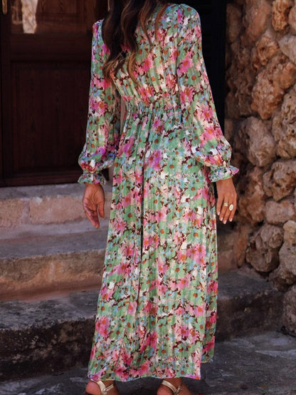 Green Blossom Beauty V Neck Ruched Maxi Dress with Cinched Waist