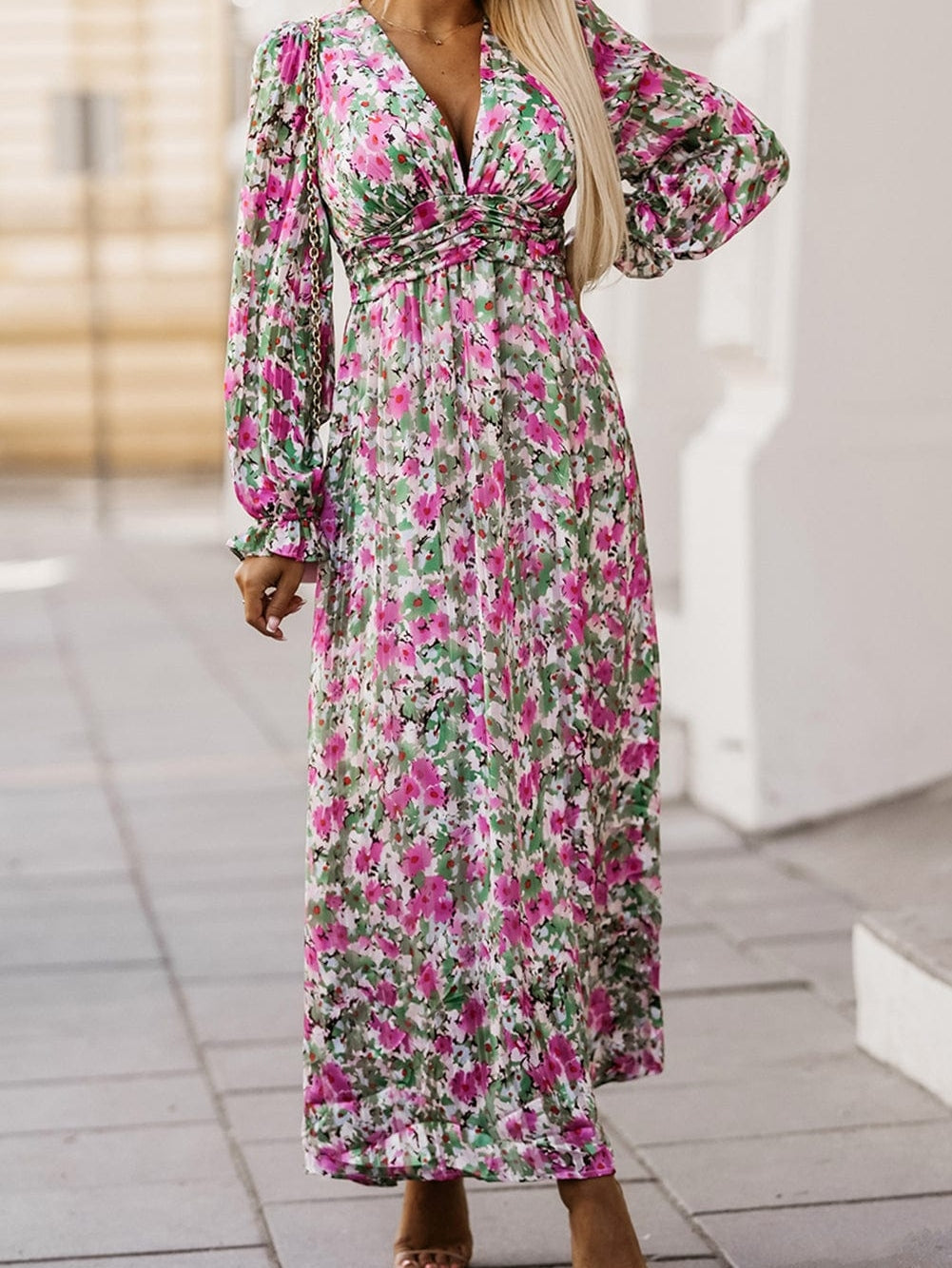 Green Blossom Beauty V Neck Ruched Maxi Dress with Cinched Waist