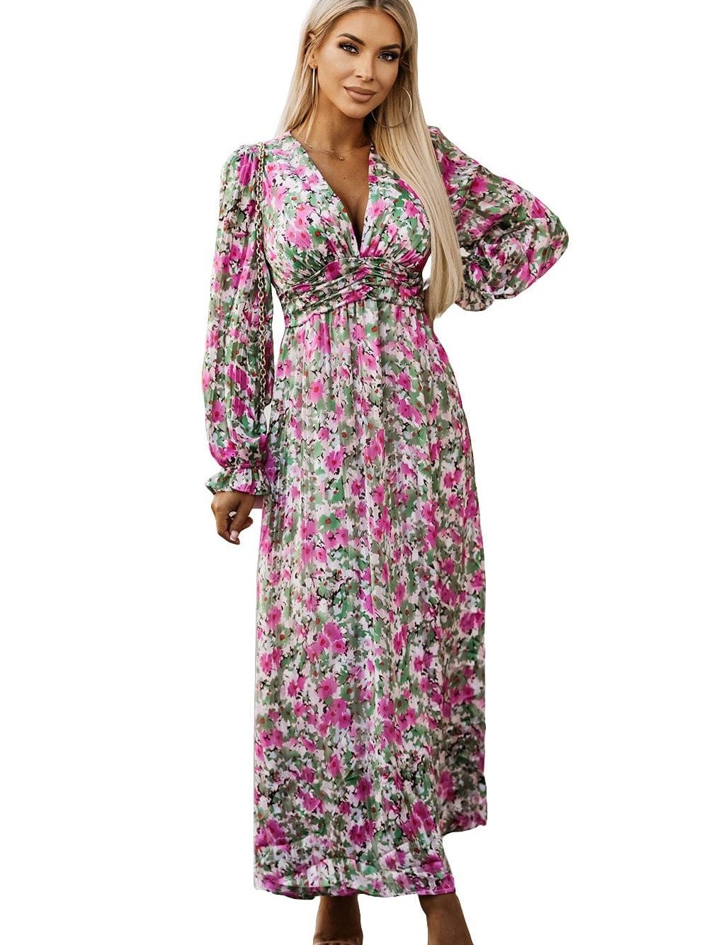 Green Blossom Beauty V Neck Ruched Maxi Dress with Cinched Waist