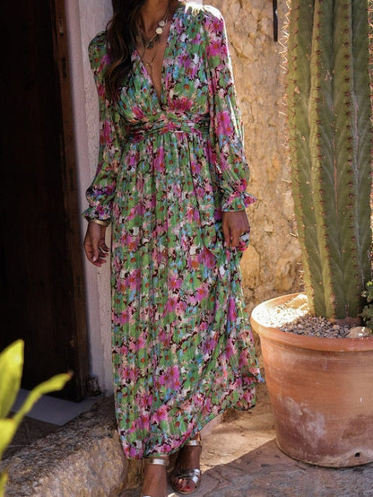 Green Blossom Beauty V Neck Ruched Maxi Dress with Cinched Waist