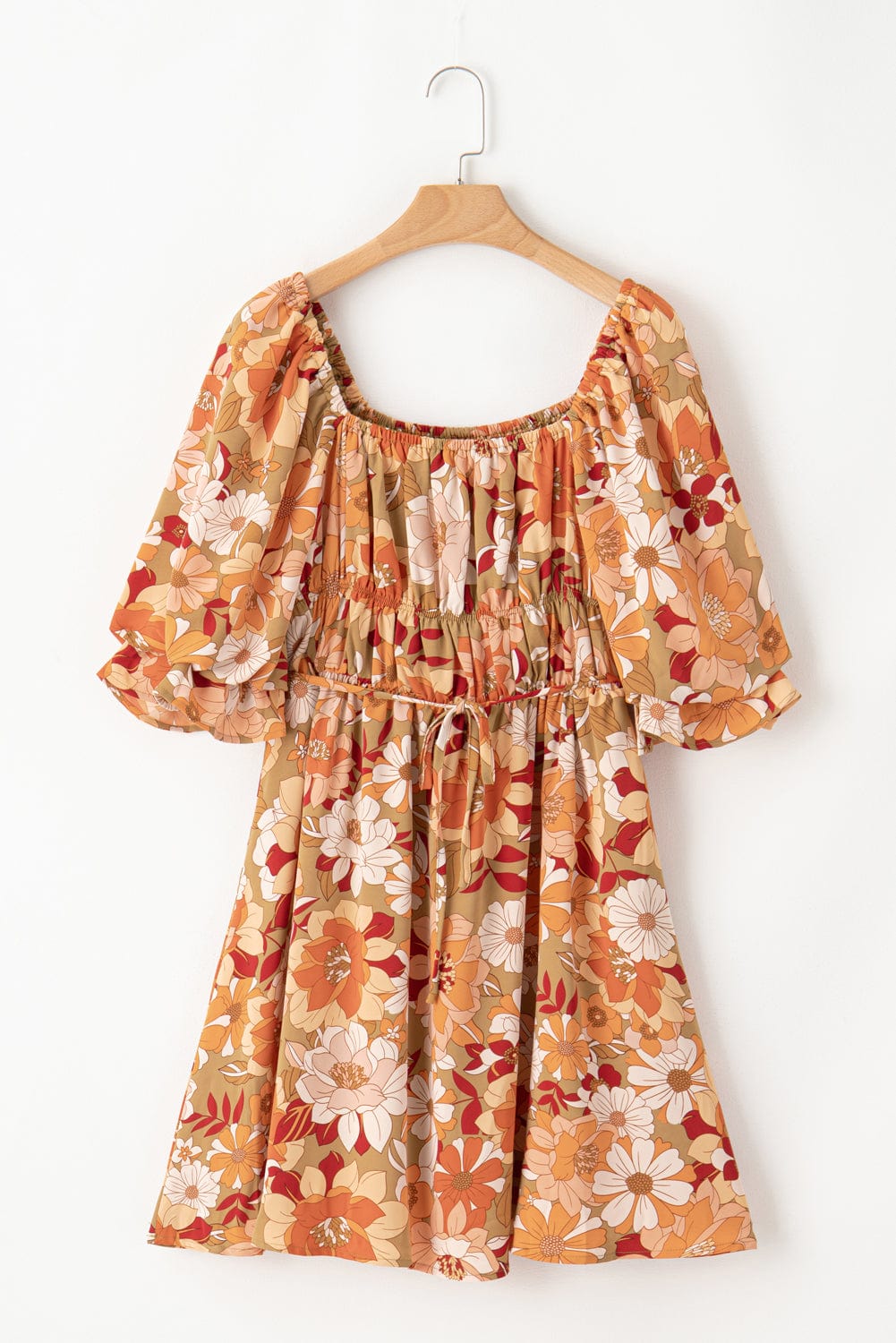 Green Blossom Flared Waistline Floral Mini Dress