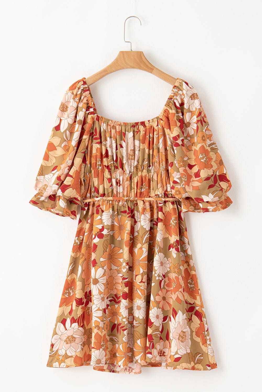 Green Blossom Flared Waistline Floral Mini Dress