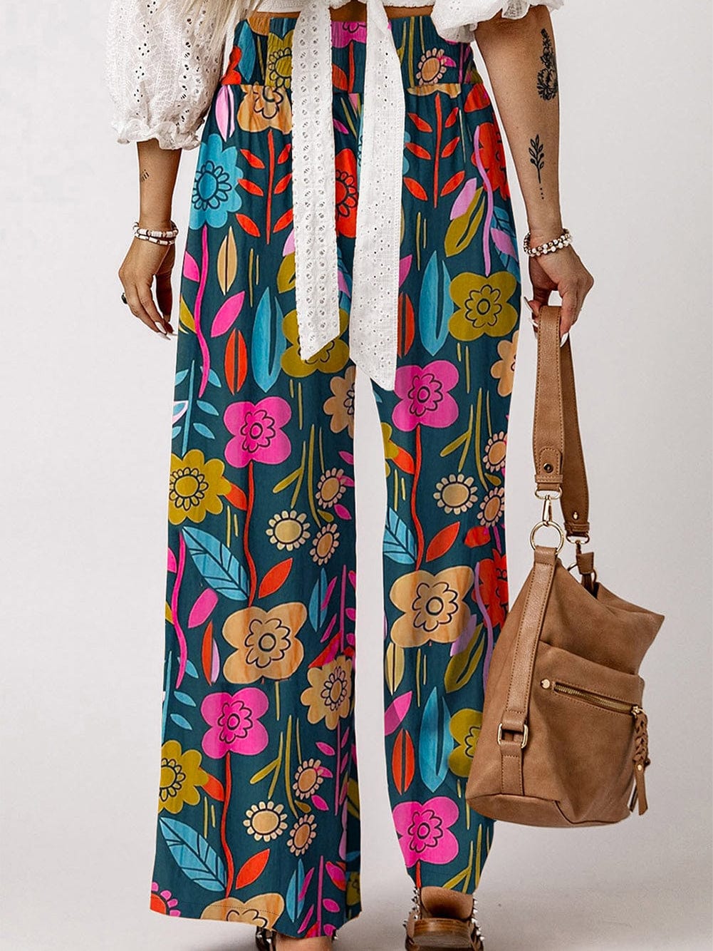 Green Blossom Smocked High Waist Pants