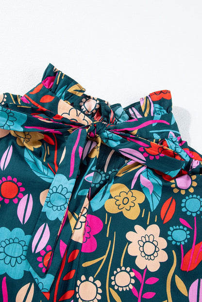 Green Blossom Tie-Up V-Neck Puff Sleeve Blouse