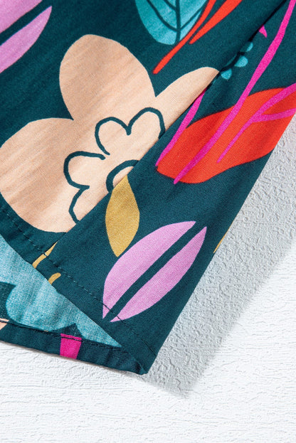 Green Blossom Tie-Up V-Neck Puff Sleeve Blouse