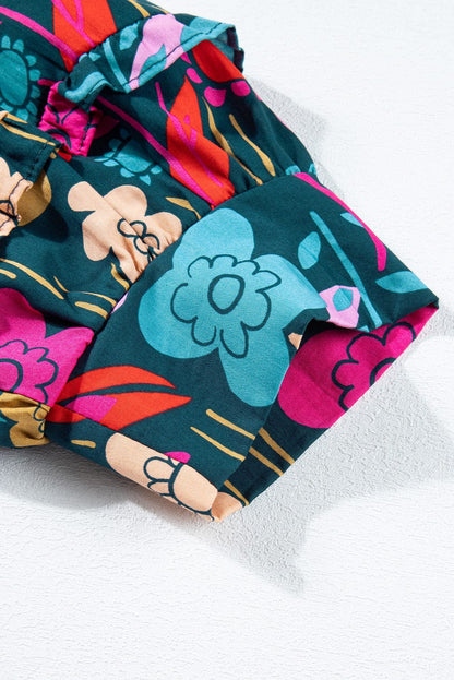 Green Blossom Tie-Up V-Neck Puff Sleeve Blouse