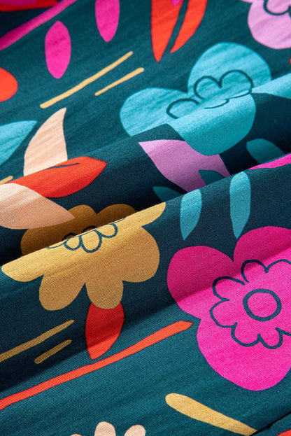 Green Blossom Tie-Up V-Neck Puff Sleeve Blouse