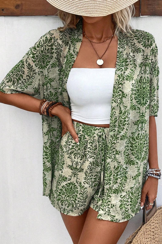 Green Bohemian Floral Print Two-Piece Short Set