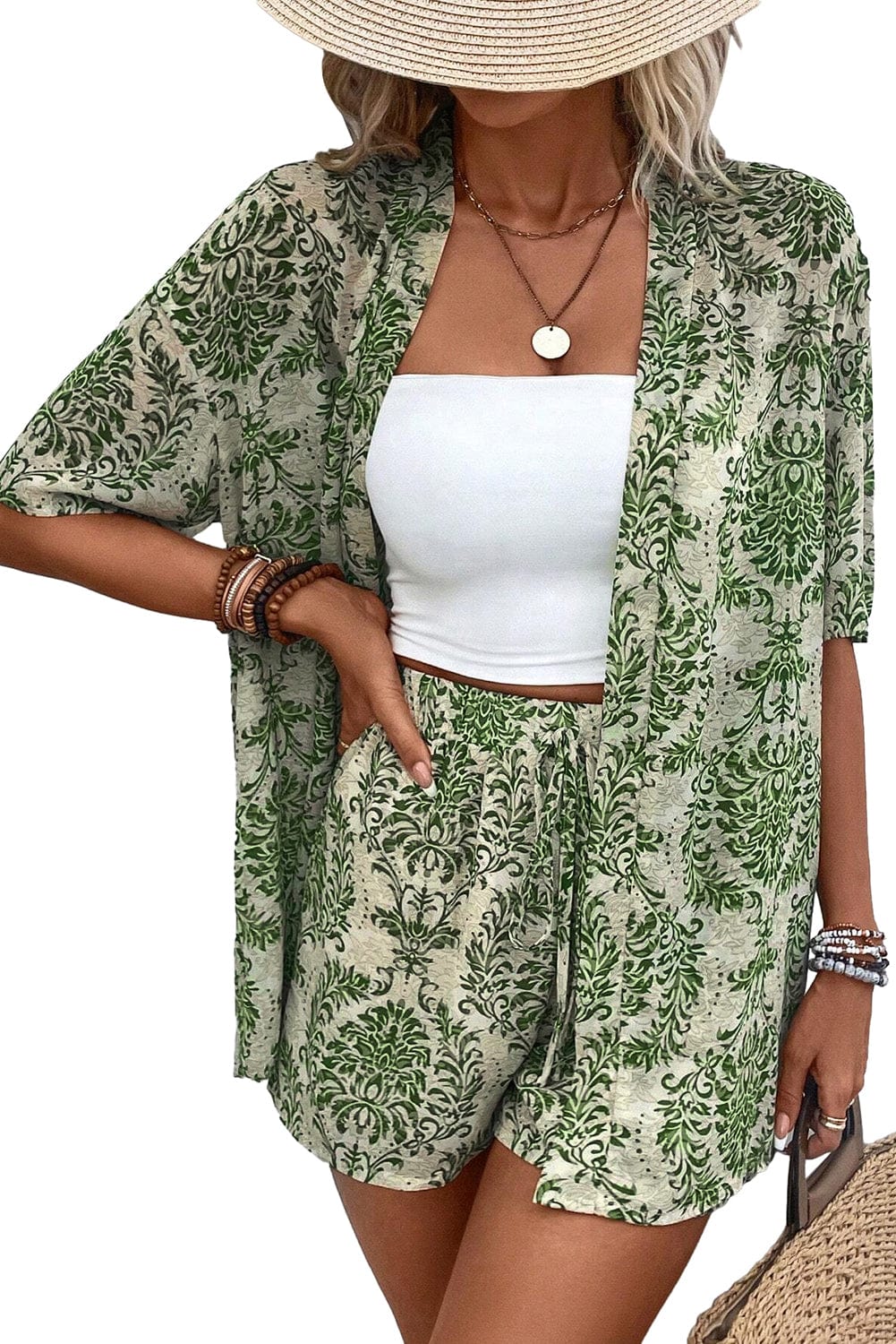 Green Bohemian Floral Print Two-Piece Short Set